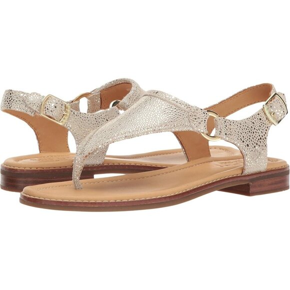 Sperry Abbey Sparkle Platinum Leather Buckle Sandals 8 - Picture 1 of 7